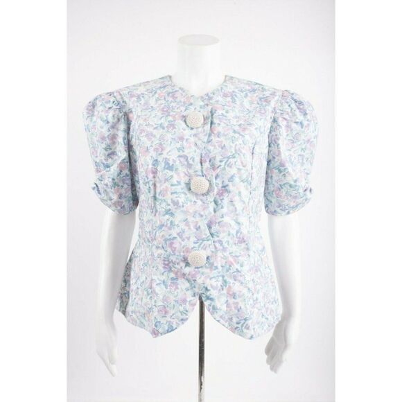 Vintage Dresses & Skirts - Vintage 1980s Womans Midi Skirt Suit M Blazer Pastel Floral Puff Sleeves Purple